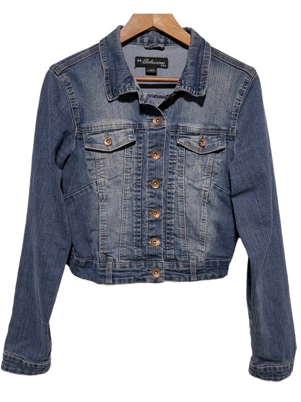 SEDUCTIONS Womens Cropped Denim Jean Jacket Stretch Fitted Medium Wash L